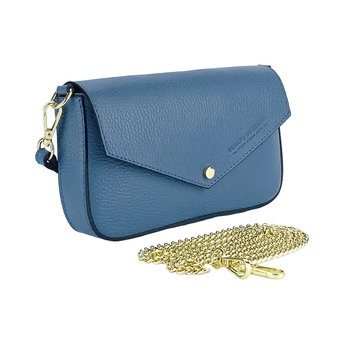 RB1023P | Borsa piccola a Spalla con Tracolla a catena removibile in Vera Pelle Made in Italy. Pattina di Chiusura. Accessori in metallo Oro Lucido - Colore Avio - Dimensioni: cm 22 x 12 x 3-2