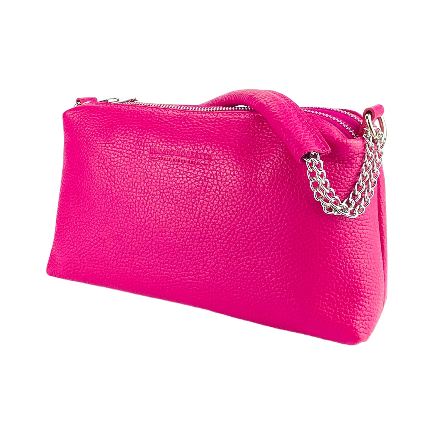 RB1025BE | Borsa Donna a Mano con doppia lampo in Vera Pelle Made in Italy. Tracolla in pelle regolabile. Accessori Nickel Lucido - Colore Fuxia - Dimensioni: cm 26 x 14 x 9-2