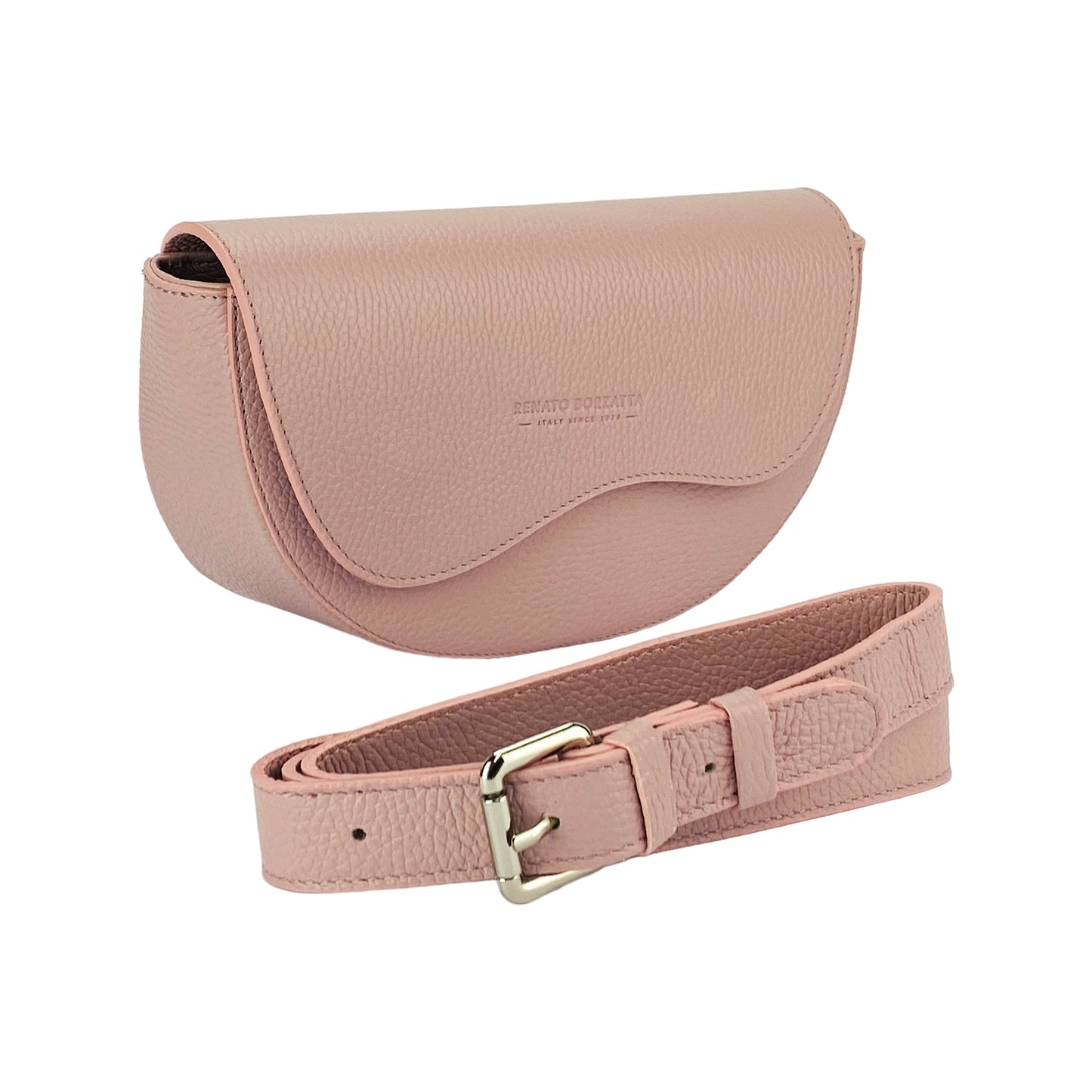 RB1027AZ | Borsa Donna a Bandoliera stondata in Vera Pelle Made in Italy. Tracolla removibile e regolabile in pelle. Accessori Nickel Lucido - Colore Rosa Antico - Dimensioni: cm 25 x 15 x 9-0