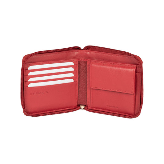 RB12175V | Portafogli con Lampo in Vera Pelle pieno fiore, grana dollaro/leggera. Colore Rosso. Protezione RFID. Dimensioni da chiuso: cm 11,5 x 10,5 x 2. Confezione: Scatola regalo fondo/coperchio-1